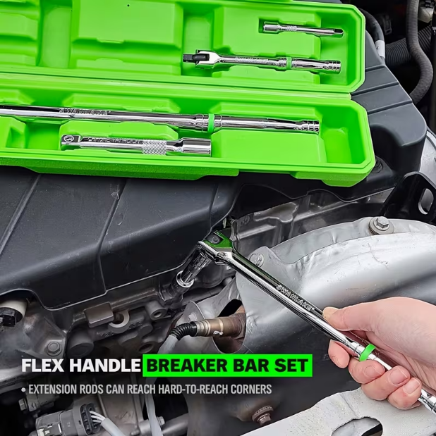 6-Piece Heavy Duty Breaker Bar Set – 1/4", 3/8" & 1/2" Drive, 6", 10" & 15" Lengths, 180° Rotatable Head