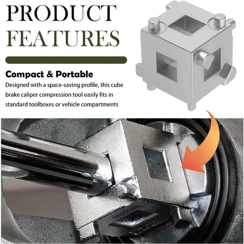 2-Piece Cube Brake Caliper Compression Tool - 3/8" Square Drive, 5-Side Disc Brake Piston Adjuster for Rear Brakes