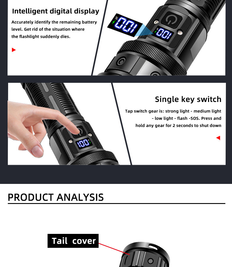 Long-Lasting High-Brightness Rechargeable Flashlight, Zoom & Long-Range Tactical Torch for Outdoor & Emergency Lighting