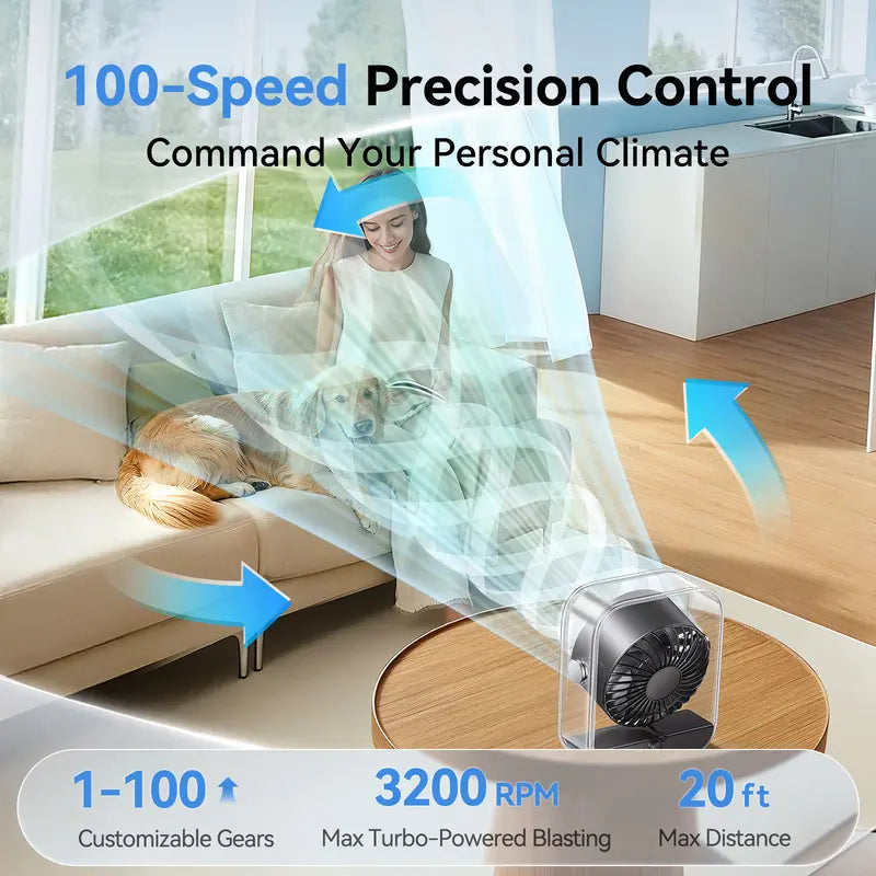 Rechargeable USB Desk Fan – Quiet Table Fan with Turbo Airflow, 100-Speed Adjustment, Digital Display, 90° Rotating Head, Compact Battery-Powered, for Bedroom, Office & Travel (Black)
