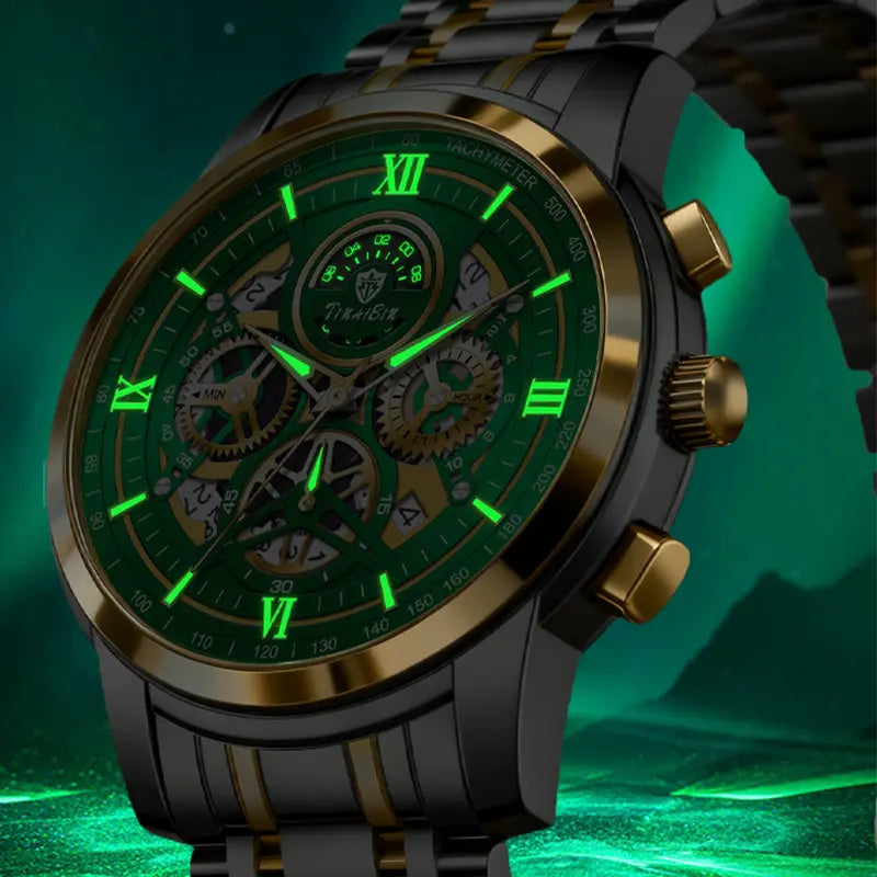 Multifunctional Luxury Men's Watch – Swiss Movement, Dual Calendar, Mechanical Style, Sapphire Crystal, Stainless Steel Strap, Luminous Waterproof Design