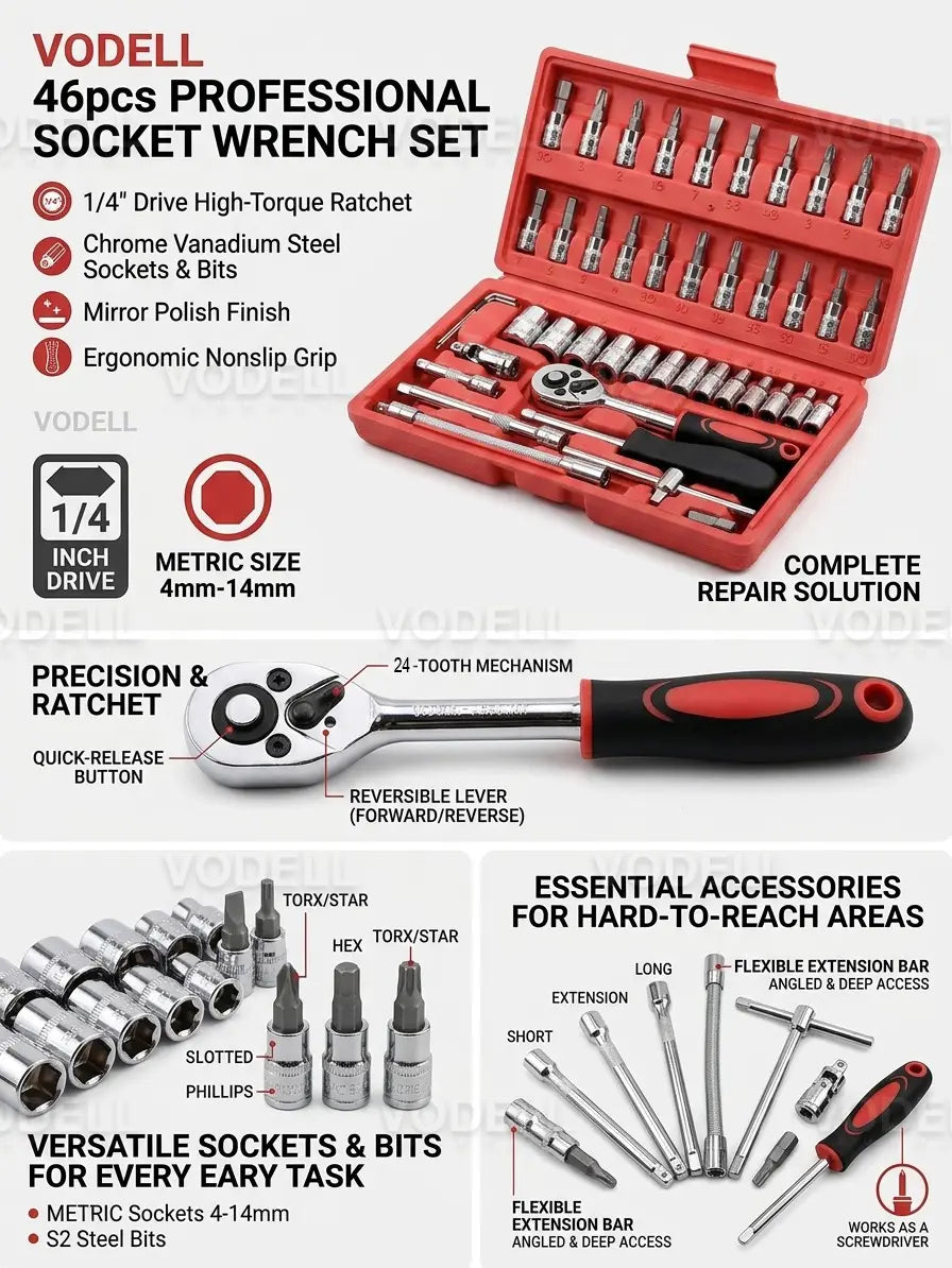 CR-V 46-Piece Ratchet Box Socket Set - Chrome Vanadium Steel, T-Handle Screwdriver with Cross and Hex Bits