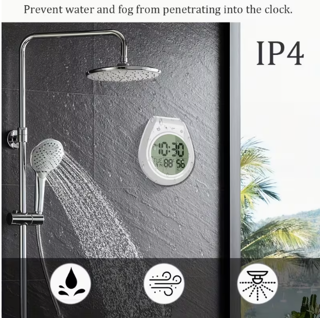 Digital Bathroom Clock with Large LCD Display – Shower Timer & Thermometer, Suction Cup Mount, 99-Minute Countdown, °C/°F, 12/24H, IP4, for Shower, Kitchen & Home Decor