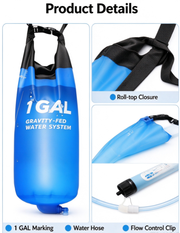 Gravity Water Bag 1 Gallon – Collapsible Camping Filter Bag with Hose & Clip for Hiking & Survival