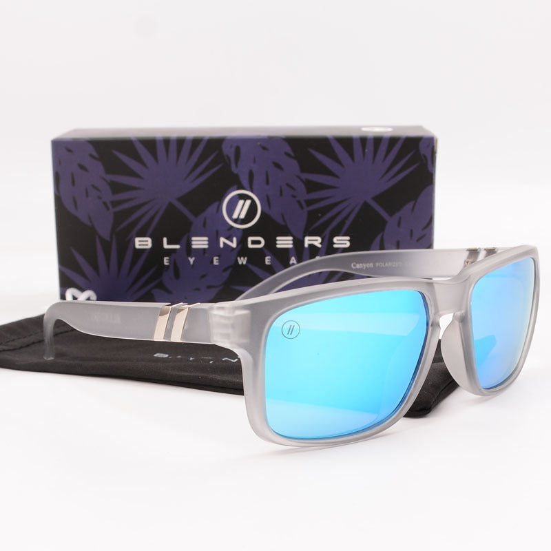 Blenders Sunglasses - Polarized Blue Mirrored Lenses, Matte Crystal Grey-to-Clear Fade Frame, UV Protection