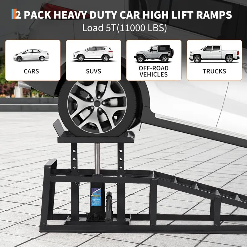 2-Piece Hydraulic Car and Truck Service Ramps - 11000 lbs (5 Tons) Low Profile Lift, Adjustable Height 9.8" to 16.21" for Oil Changes and Auto Repair