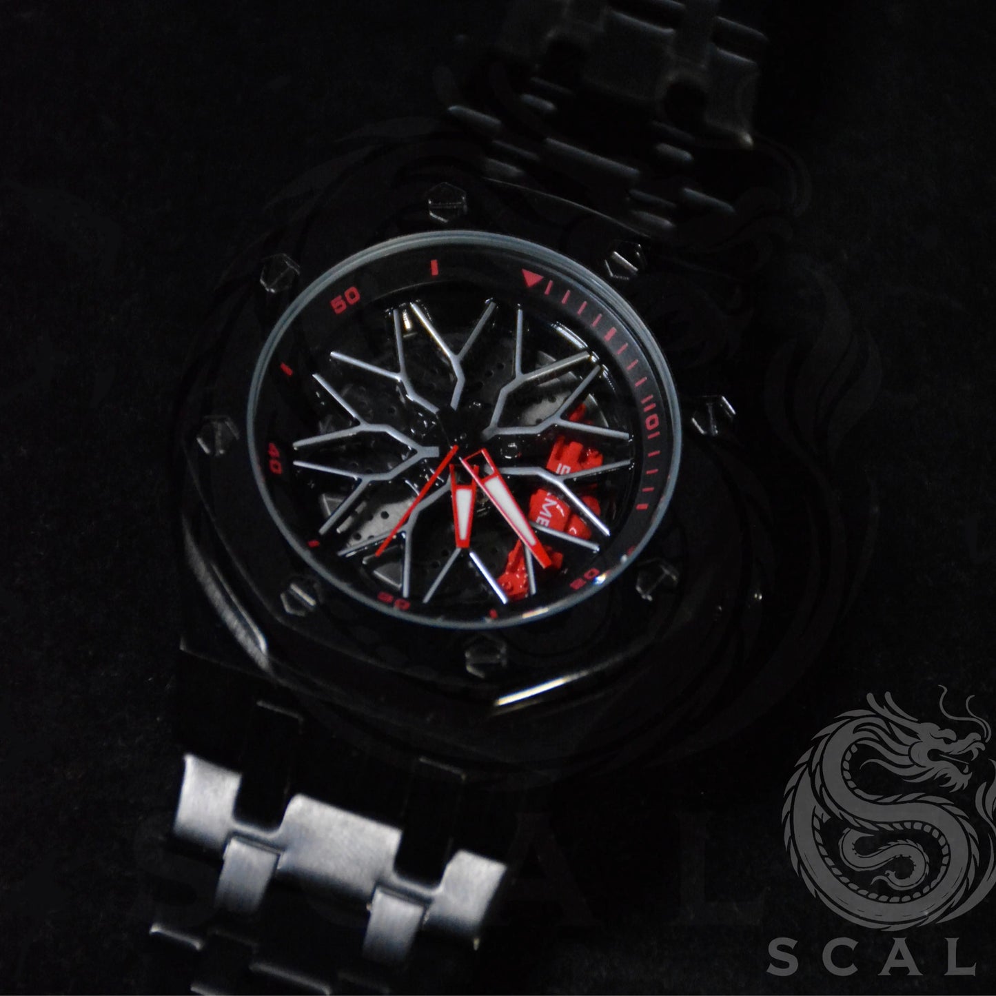 Men's Car Wheel Watch - Stainless Steel Spinning Rim Design, Japanese Quartz, Water Resistant for Car Enthusiasts