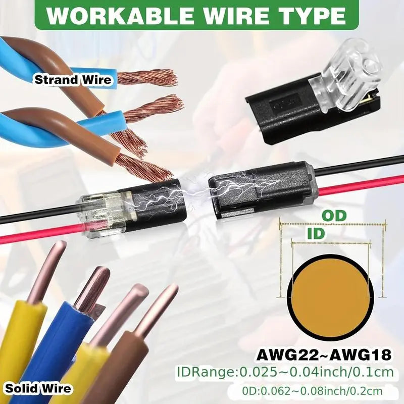 50 Durable Copper Quick Splice Solderless Crimp Connectors - Dual Pin 2-Way Snap-in Blocks, Tool-Less Plug-and-Play Bulk Pack for LED Lights, Automotive Low Voltage Accessories, AWG 18-22 Electrical Wires, Led Light image 2