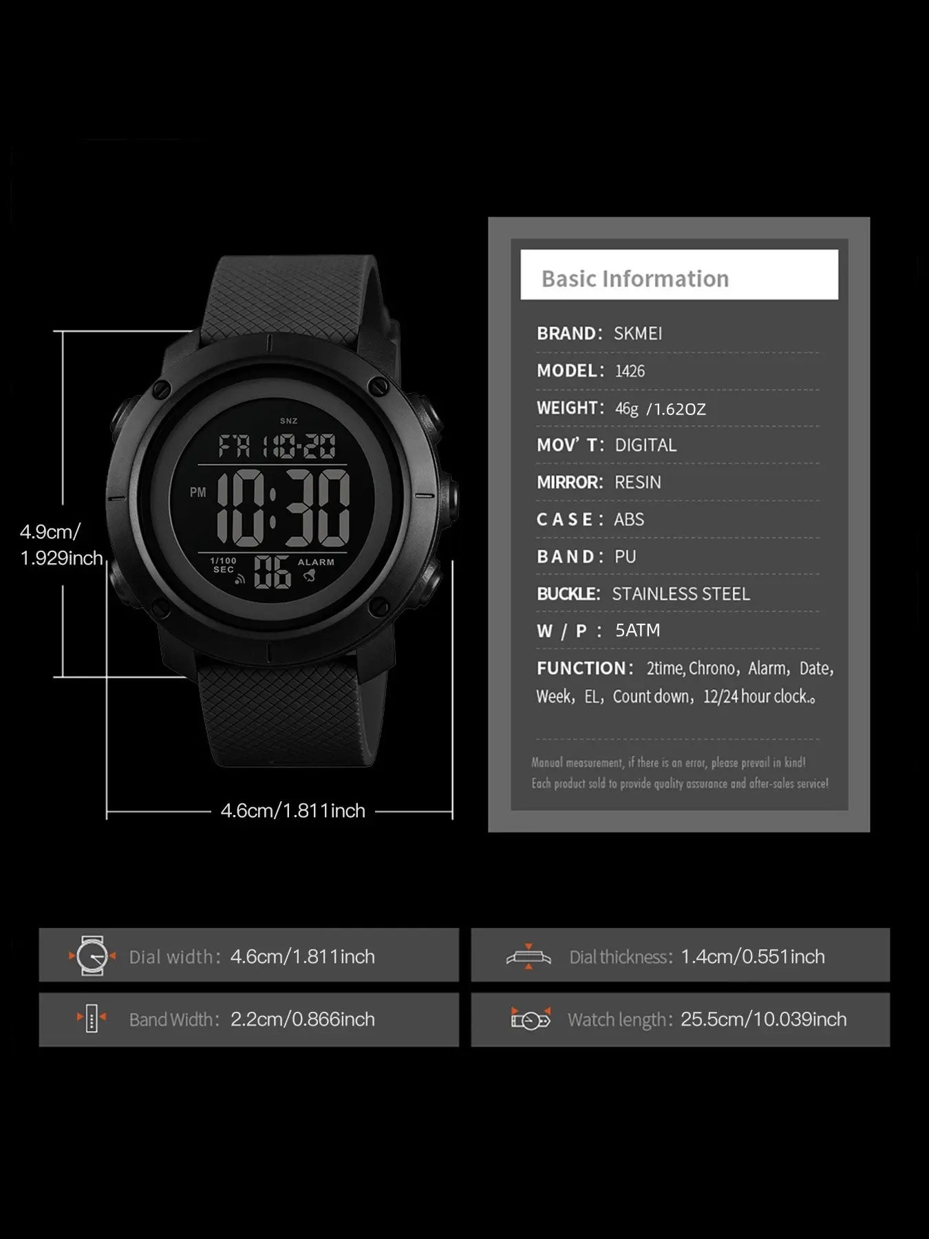 Skmei Full Digital Display Watch, Casual Style Multi-Function PU Band Watch, 50m Waterproof, Quartz Movement, Digital Multifunctional Watch, All Seasons Use image 2