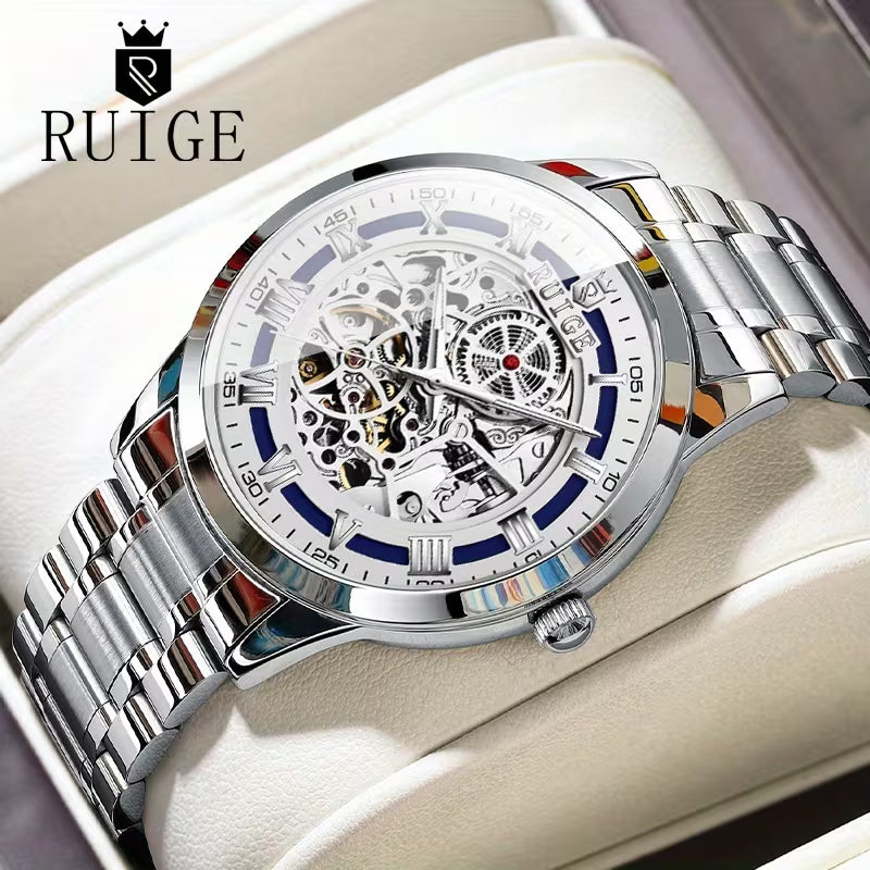 RUIGE Double-Skeleton Automatic Mechanical Watch – Dual-Side Exhibition Case, Stainless Steel Bracelet, Luminous Dial, 30M Waterproof for Business & Casual Wear