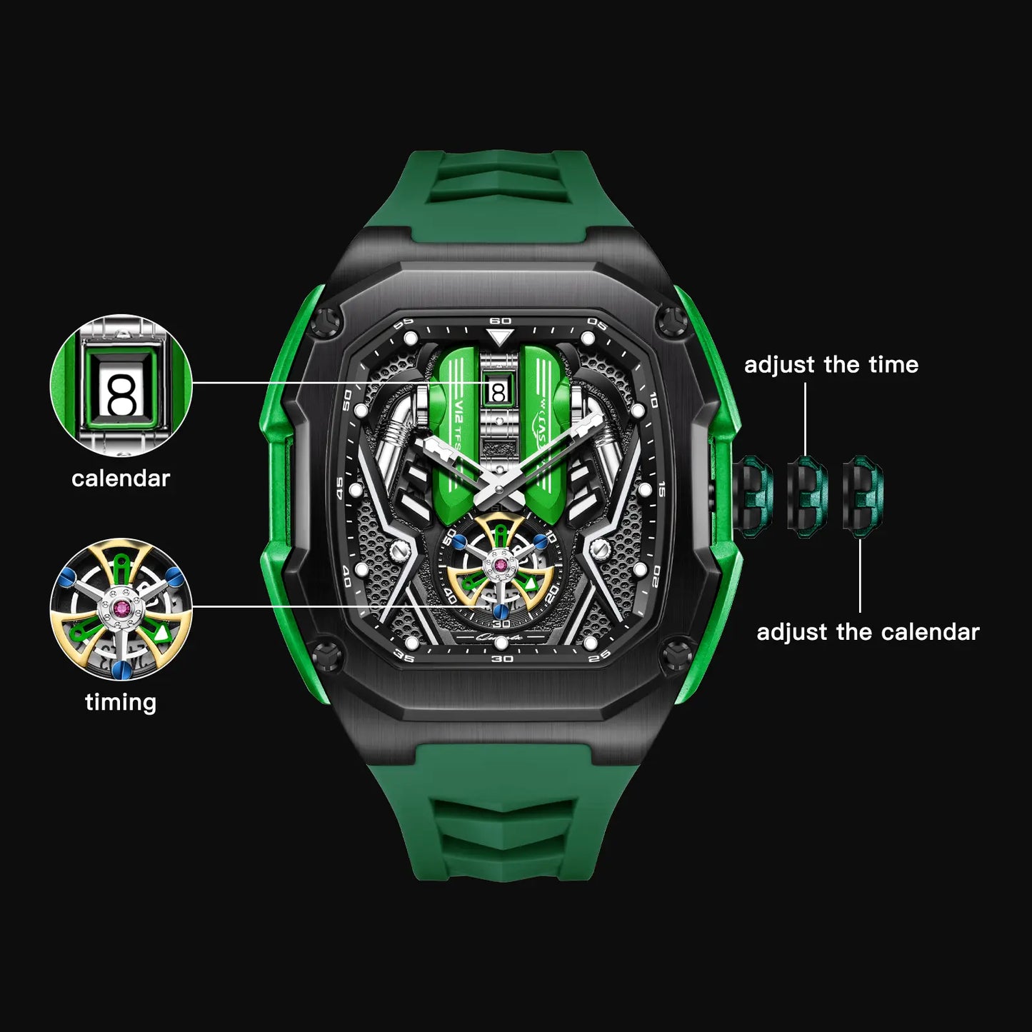 V12 trendy wristwatch Phantom Series Chronograph Calendar，watches for men，Watch With Quartz Movement, Men's Watch, Black Dial, Gift Box, Simple, Waterproof, Luminous Watch image 2