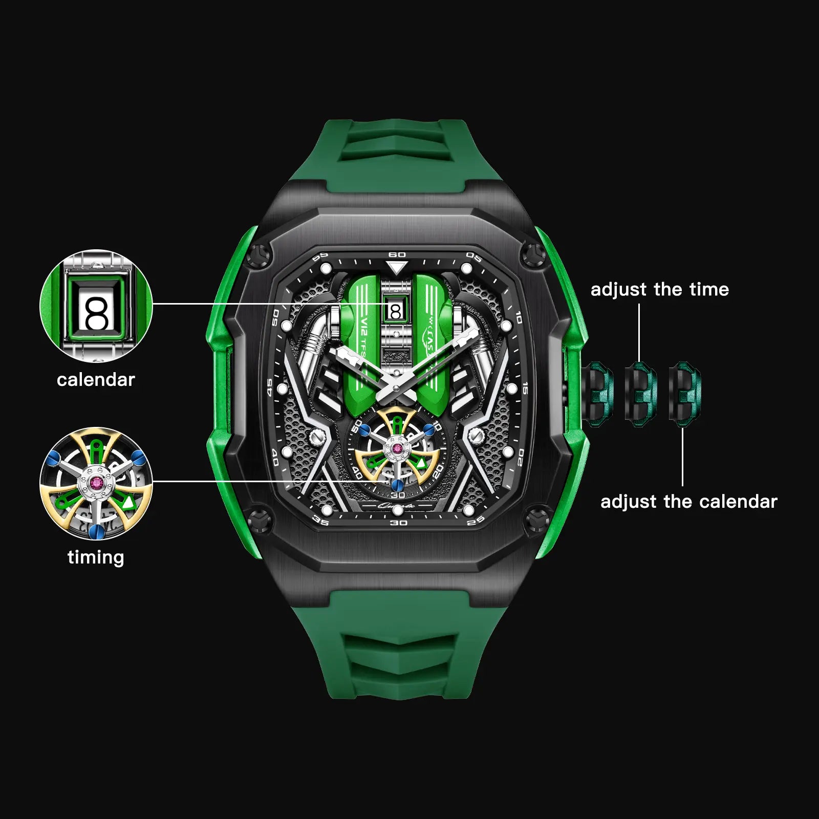 V12 trendy wristwatch Phantom Series Chronograph Calendar，watches for men，Watch With Quartz Movement, Men's Watch, Black Dial, Gift Box, Simple, Waterproof, Luminous Watch image 2