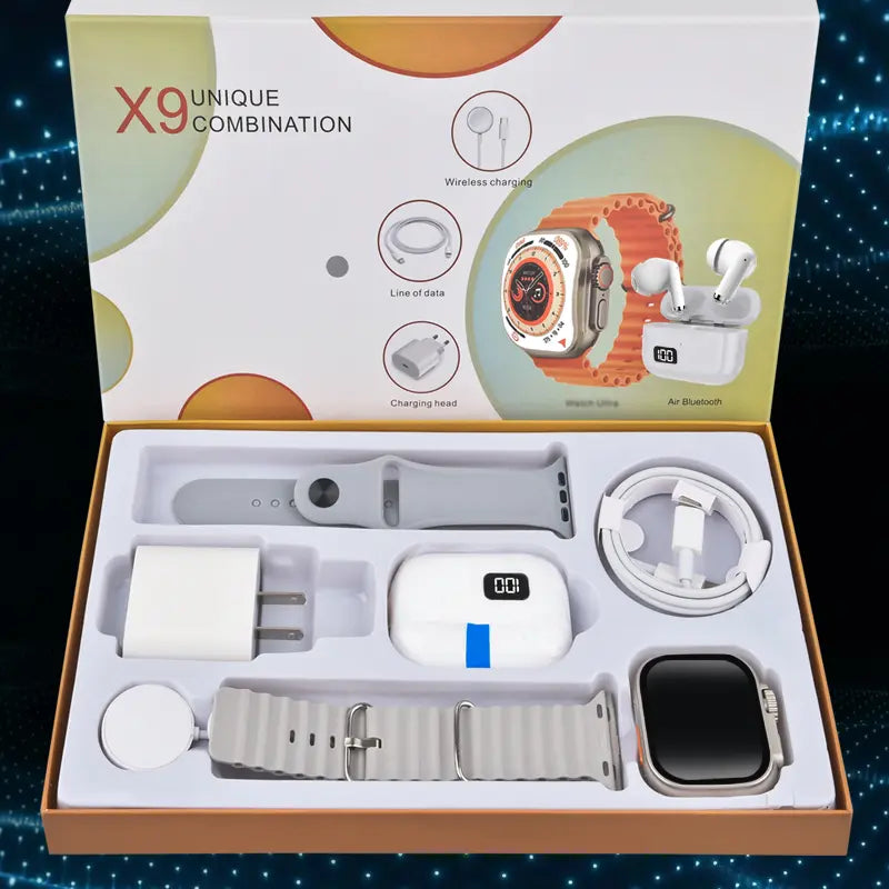 Smartwatch Set: Smartwatch, Bluetooth headphones, 20W fast charger, Type-C cable, adapter, and audio support—compact and portable. Headphone device. Wearable Smartphone Chargeable