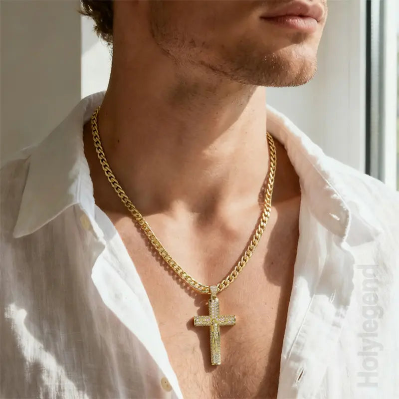 Cuban , Figaro, Miami Cross with Jesus Christ Crucifix,24 inches Long and 6mm Wide,Handcrafted Polishing and Multiple Electroplating Daily Wear Necklace