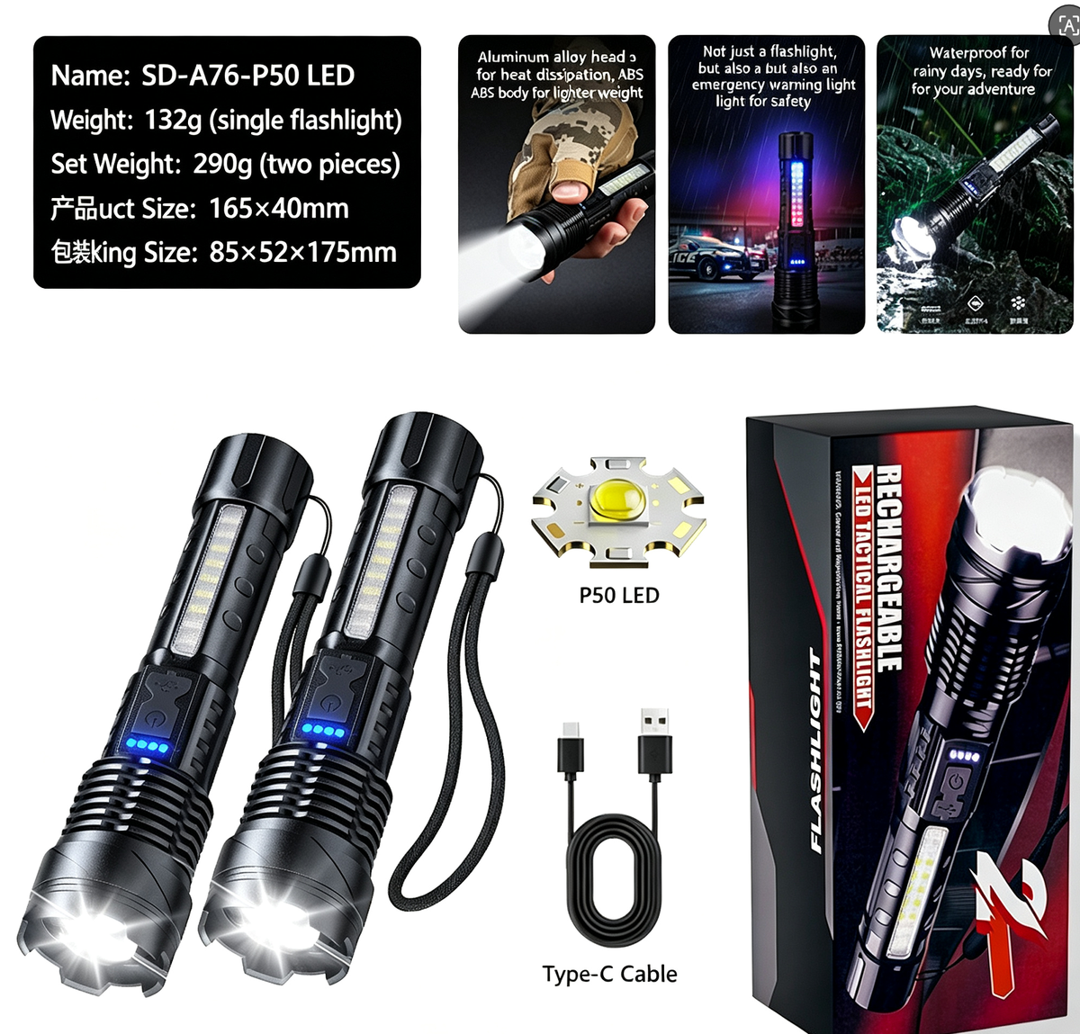 【2026 New】2-Pack Outdoor High-Brightness Flashlight – Aluminum Alloy Body, White Laser Telescopic Zoom, Searchlight, Long-Lasting Outdoor Illumination Light, Built-in 1200mAh Battery