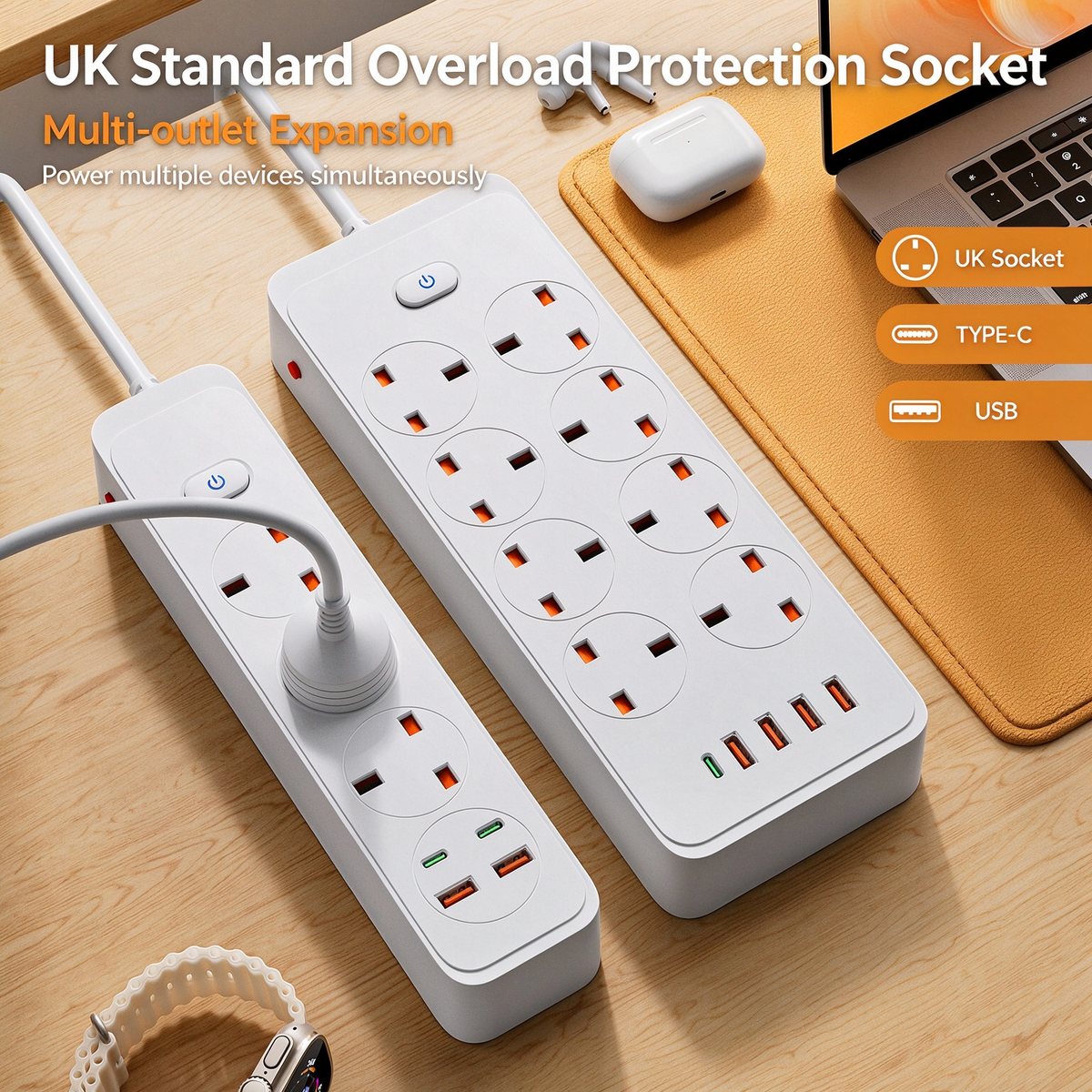 Multifunctional smart switch power strip with overload protection, UK standard, USB + Type-C charging ports