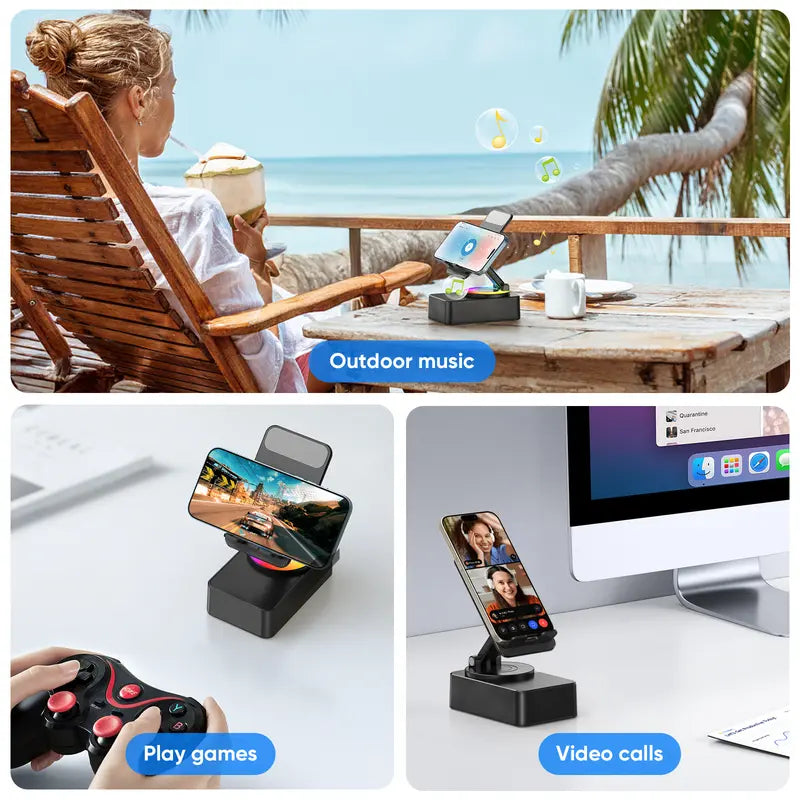 Wireless Audio Induction Bluetooth Speaker with Emergency Charging 5in1 Phone Holder Power Bank LED Nightlight for Tablet iPhone Android 5.3 Connectivity 1500mAh Battery 100Hz-20kHz Frequency Response New Design Durable Smart Device