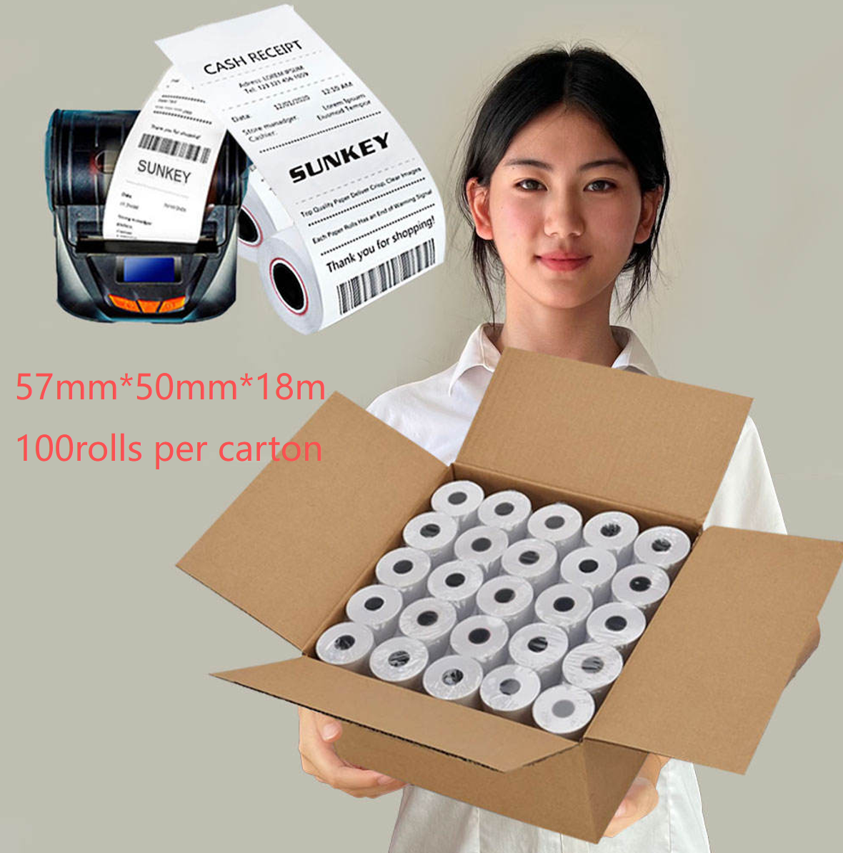 [100 Rolls Per Carton] 57mmx50mm Thermal Receipt Paper, 18 Meters Length, Thermal Printing Paper, Queue Ticket Paper, Suitable for Catering, Service, Shopping Malls, Warehouses and Other Industries