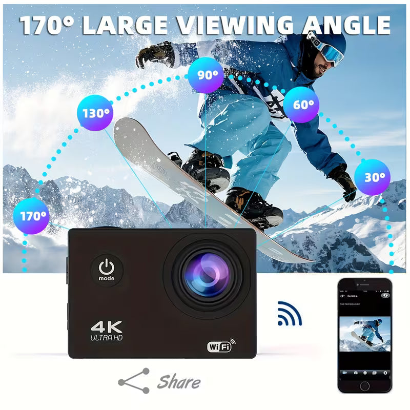4K WiFi Action Camera – 170° Ultra‑Wide Angle, 2″ Screen, Waterproof for Diving & Outdoor, Remote Control, 32GB Storage – Capture Every Adventure