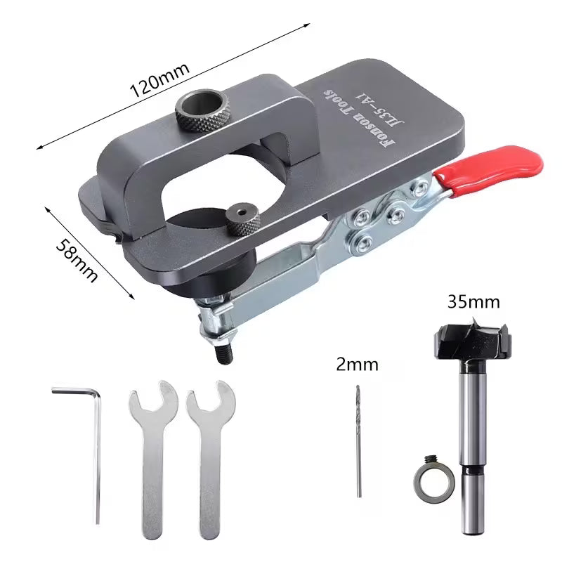 35mm Hinge Hole Opener, Cabinet Door Hinge Drilling Locator, Heavy-Duty Manual Woodworking Drill Guide Jig, Precision Door Hinge Template with Alignment Bracket, Aluminum Alloy Structure