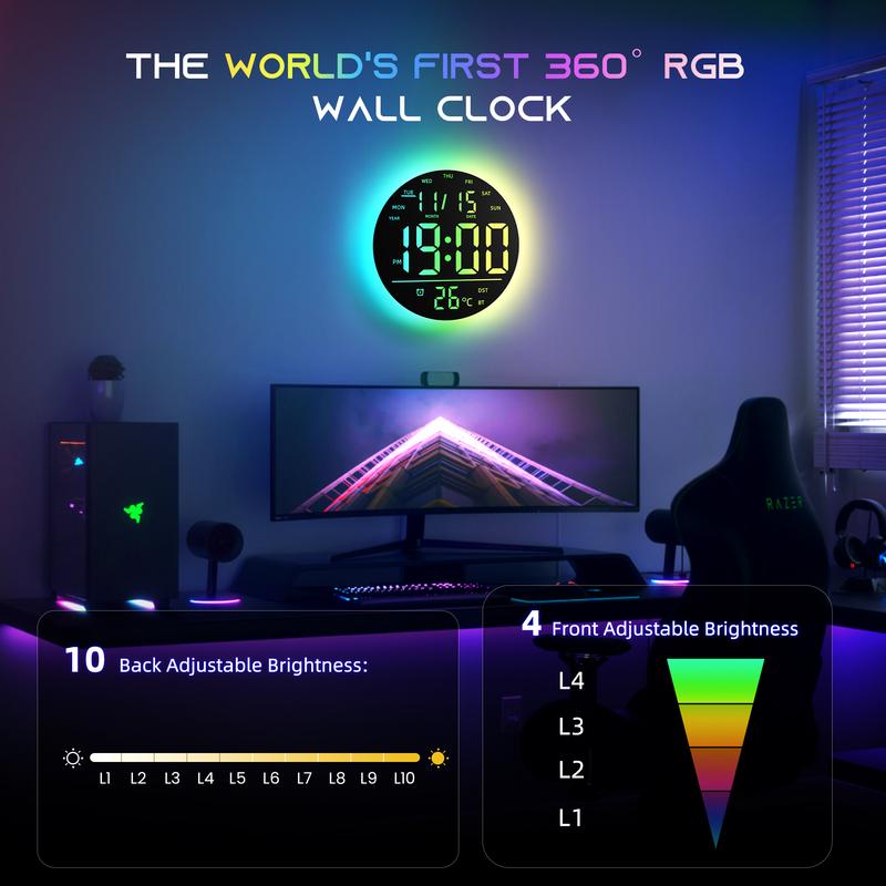 [Christmas Gift] EASYERA 10" Large Circle Digital Wall Clock with Remote Control, Music Sync, Round clock with RGB Atmosphere Lights with 11 Scenes Mode, Dual Alarms with Big LED Display, Classroom, Game Decor Home Goods Auto Dst Adjustment