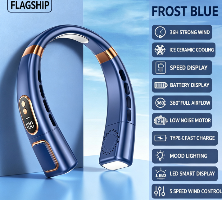 Wearable Neck Fan, Ice Ceramic 1s Instant Cooling, Up To 36H Playtime, 5 Wind Speed Adjustment, LED Power & Gear Display, 360° Omnidirectional Airflow, Low-Noise Motor, Type-C Fast Charging, Ambient Lighting for Camping Travel Outdoor Work