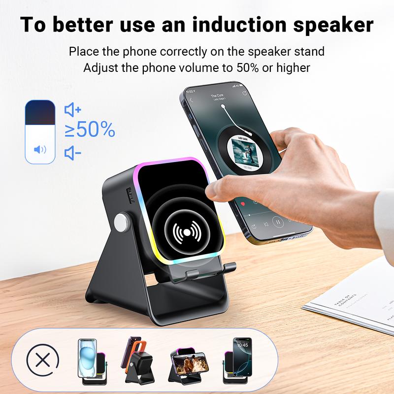 Wireless Induction Audio Speaker Stand, 5in1 Cellphone Holder, 3500mAh Rechargeable Emergency Power Bank,360° Adjustable Mobile Tablet Stand with Colorful Ambient Light Gifts for Men Women