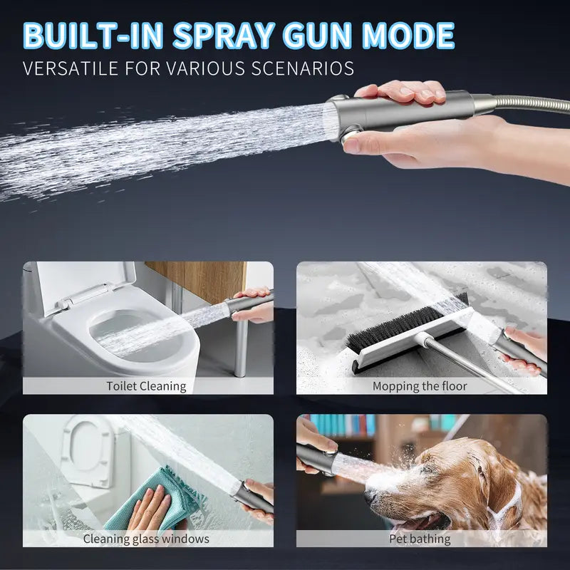 Handheld Filter Shower Head High-Pressure Power Wash - 4-Setting Massage Spray, 150cm Hose, Chrome Finish, Easy Install, Low Flow, One-Touch Water Stop, Adjustable Pressure, Micro-Technology Nozzles