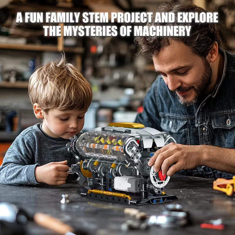 GOQI 3053-YC614 Mechanical Engine Building Set – L‑Type Inline Cylinder Model, 847pcs, Motorized Moving Parts, STEM Educational Toy Gift for Boys