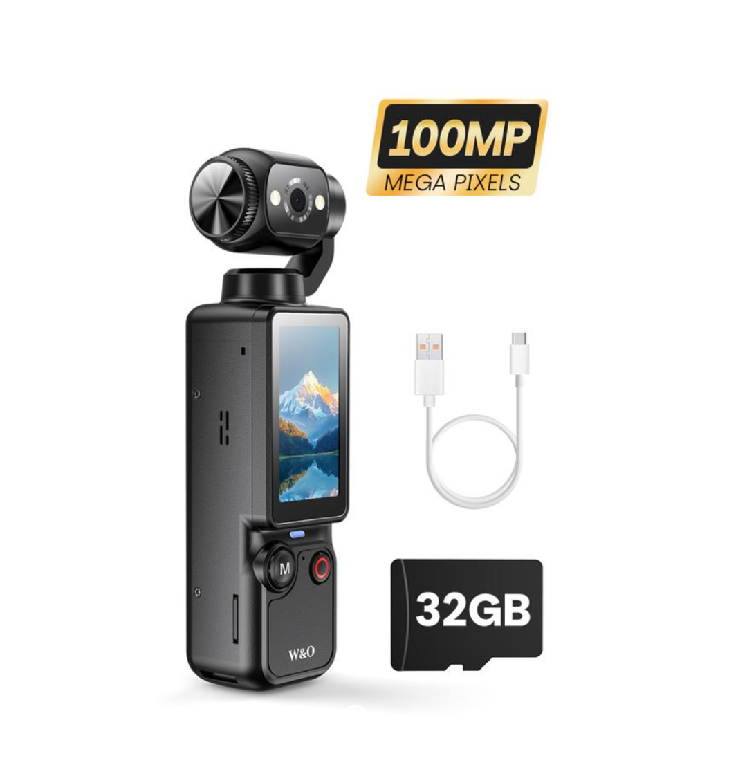 W&O Portable 2.5K Ultra HD Video Recorder with 180° Rotating Lens, Handheld Stabilizer Pocket Camera, Full Body Camera for Vlogging, Travel & Daily Life Recording, USB Rechargeable, Black, Vlogging Camera, Modern Gadget, Built-in 32G memory card