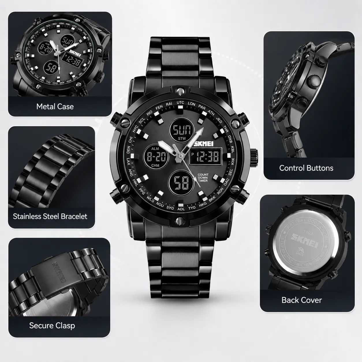 SKMEI Men's Casual Digital Quartz Watch, 48mm Big Face Analog-Digital Display with Stainless Steel Band, 30M Waterproof, Stopwatch, and Backlight, Casual Watch image 3