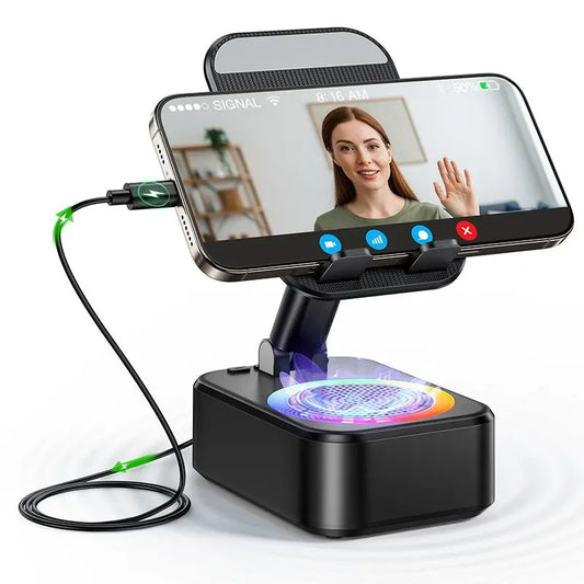 Wireless Audio Induction Bluetooth Speaker with Emergency Charging 5in1 Phone Holder Power Bank LED Nightlight for Tablet iPhone Android 5.3 Connectivity 1500mAh Battery 100Hz-20kHz Frequency Response New Design Durable Smart Device