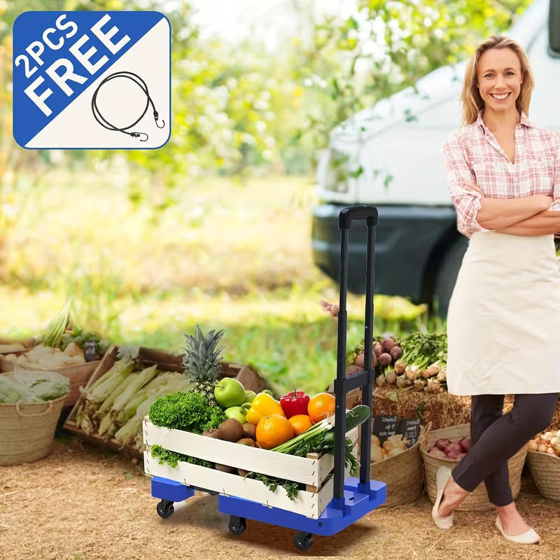 Folding Hand Trolley, 500 LB Heavy‑Duty Luggage Cart, Multi‑Purpose Flatbed Dolly with 6 Wheels & 2 Elastic Tie‑Down Straps, Detachable Silent Portable Trailer for Travel, Hauling, Shopping & Office Use, Wholesale Available