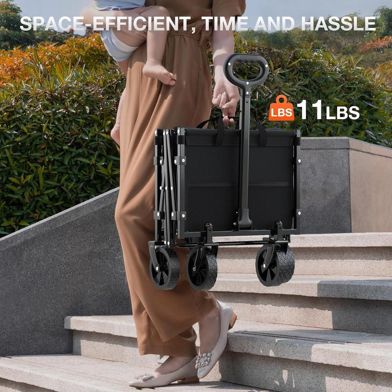 2025 Foldable Wagon with Wheels, Portable Heavy Duty Collapsible Beach Cart - Large Capacity Utility Wagon for Shopping, Sports, Camping，Garden，Grocery - Black