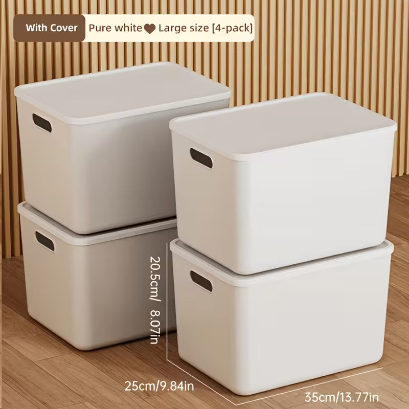 4pcs Large Storage Bins – White Square Boxes with Handles, Lid Included, for Clothes & Tools, Free Shipping, Father's Day Gift!