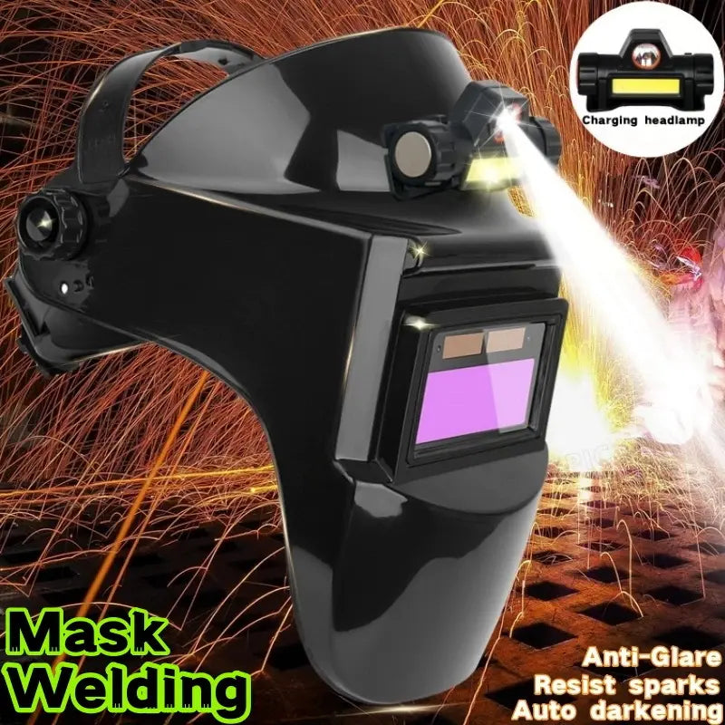 Professional Auto Darkening Welding Mask - Solar Powered, Spark Resistant Helmet with Goggles and Headlamp