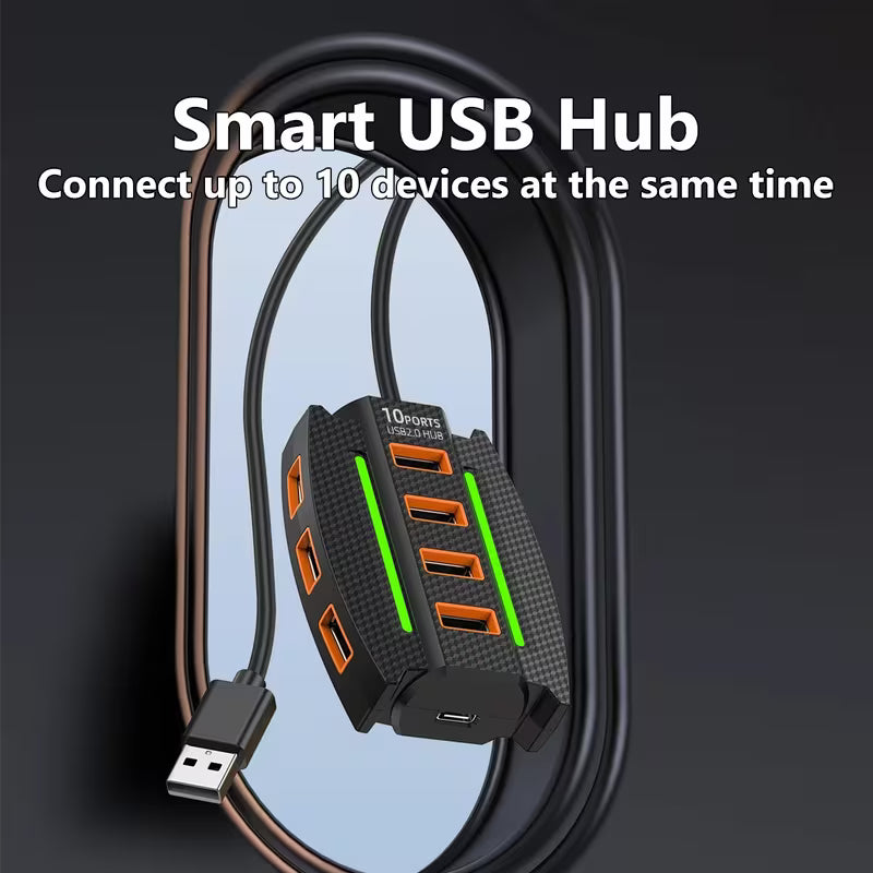 10-Port USB 2.0 Hub with RGB Lights - High-Speed Multi-Device Splitter, Plug and Play, 36V Max for Computer Accessories