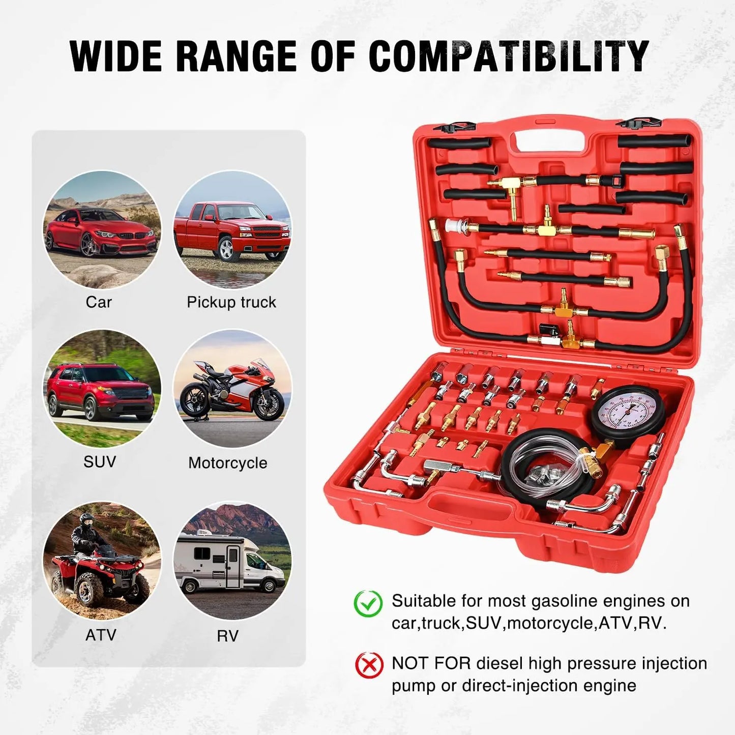 Brass Fuel Injection Pressure Tester Kit - 0-140 PSI Gauge for Leak Detection in Cars and Trucks