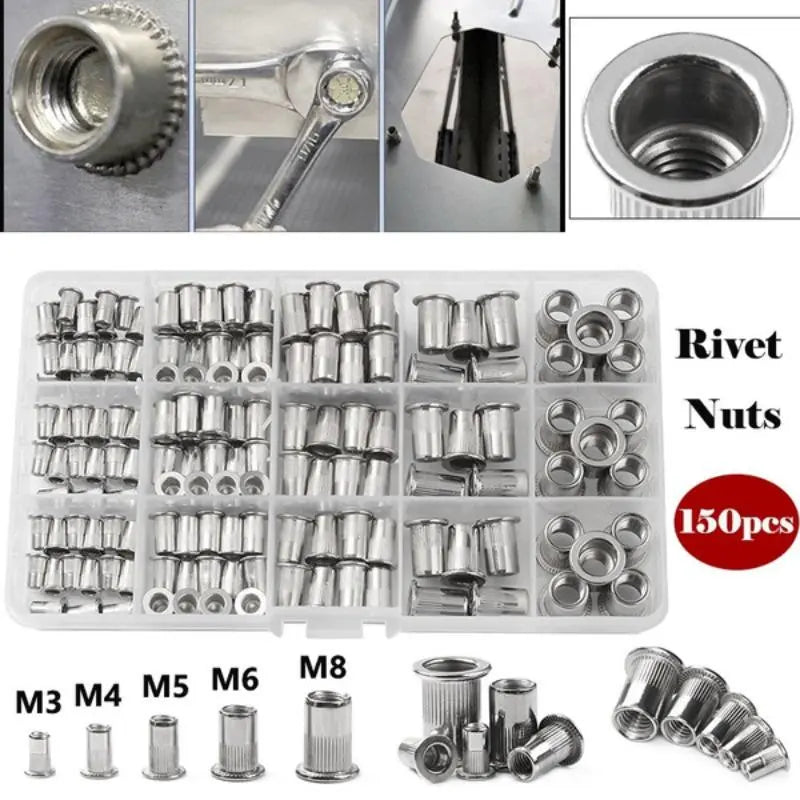 Portable Rivet Nut Tool Kit – Heavy Duty 150-Piece Set with M3-M8 Mandrels, Industrial Rivet Gun & Flathead Screw Nut Riveter, Includes Tool Box