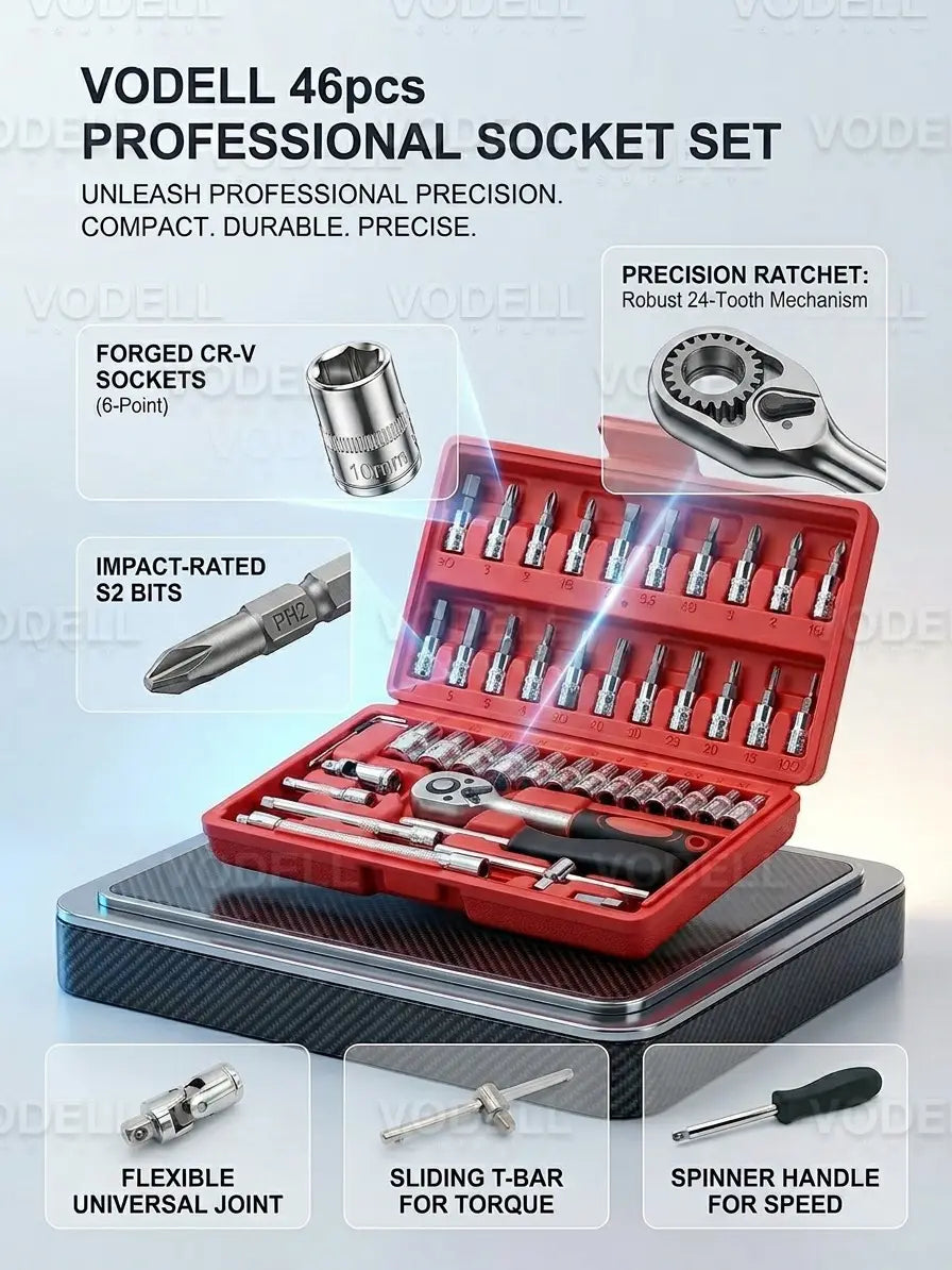 CR-V 46-Piece Ratchet Box Socket Set - Chrome Vanadium Steel, T-Handle Screwdriver with Cross and Hex Bits