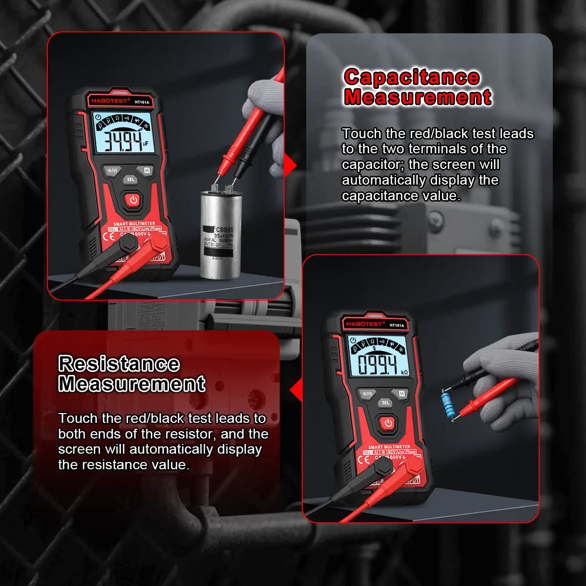 HABOTEST HT161A Digital Multimeter - 600V AC/DC, 4000 Counts, Capacitor and Diode Measurement, with Tripod and Large Elevated Display