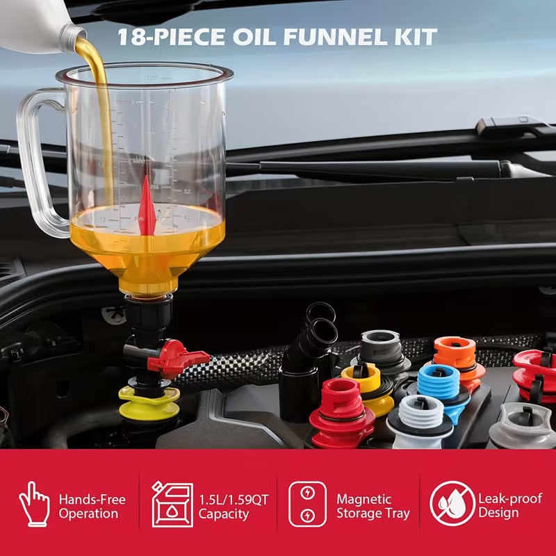 18Pcs Spill-Proof Oil Funnel Kit – 1.59 Qt Funnel with 12 Adapters & Magnetic Storage Hook Tray