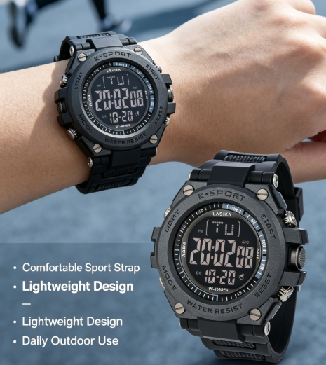 LASIKA Water Resistant Sports Digital Watch - Alarm, Rubber Strap, Black Dial, K-Sport Style for Men
