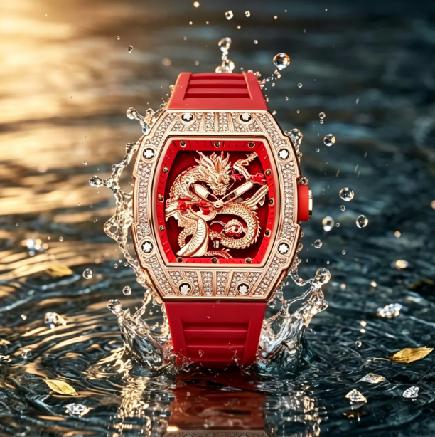 Men’s Gold Dragon Watch Series – Barrel-Shaped Luxury Embossed Design, Adorned with Rhinestones, 3D Gold Relief Patterns, Water-Resistant for Any Occasion