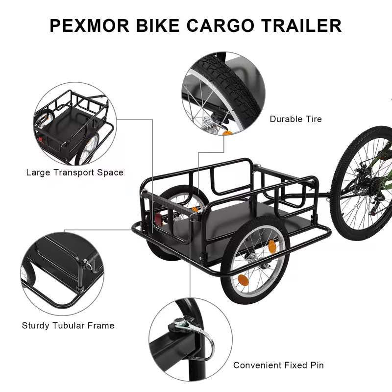 Foldable Bike Cargo Trailer with Universal Hitch - 16" Wheels and Reflectors, Large Loading Bicycle Wagon Storage Cart