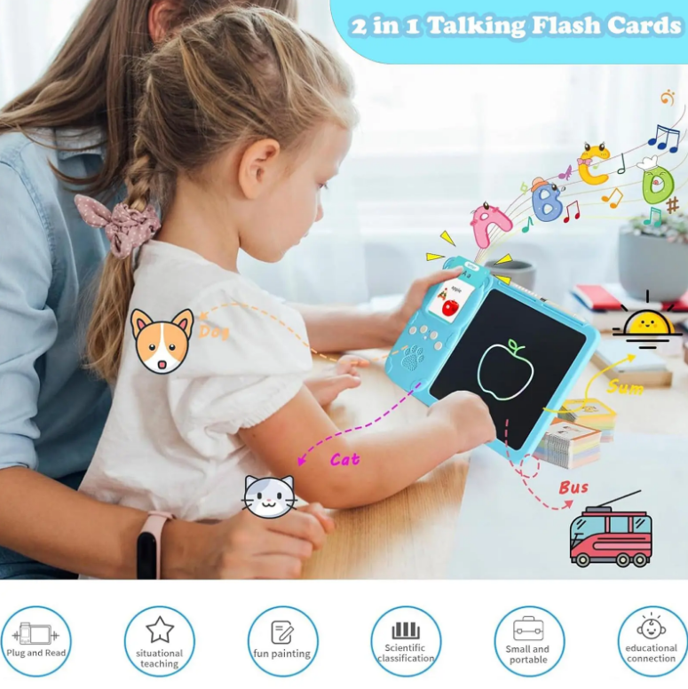 Blue 2 in 1 Learning Card Machine, 510 Words LCD Writing Board Toy with Talking Flash Cards, Educational Toy for Kids, Birthday Gift