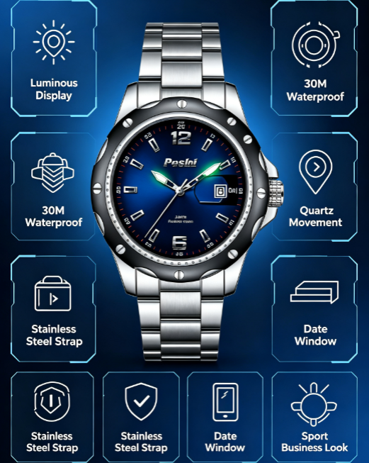 Men's Luxury Stainless Steel Watch - Water Resistant, Date Display, 3ATM Fashionable Daily Wear and Gift Option