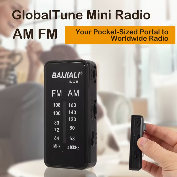 Compact Portable Global AM/FM Radio – 2 x AAA Batteries, 3.5mm Headphone Jack, Built-in Back Clip (Black)