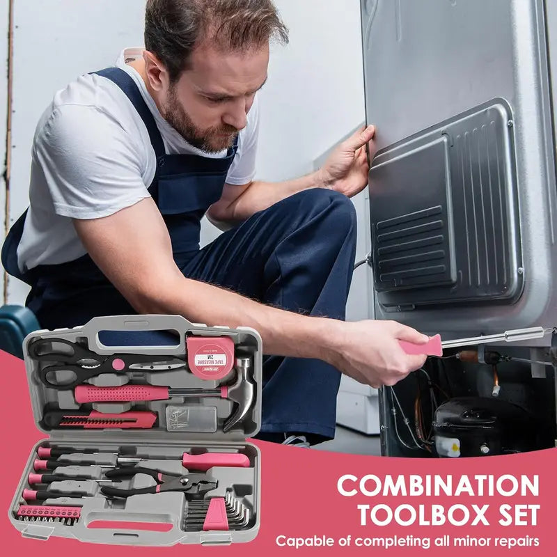62-Piece General Household Tool Kit – Pink Basic DIY Tool Set with Toolbox Storage Case, for Home, Garage, Office & College Dormitory Use