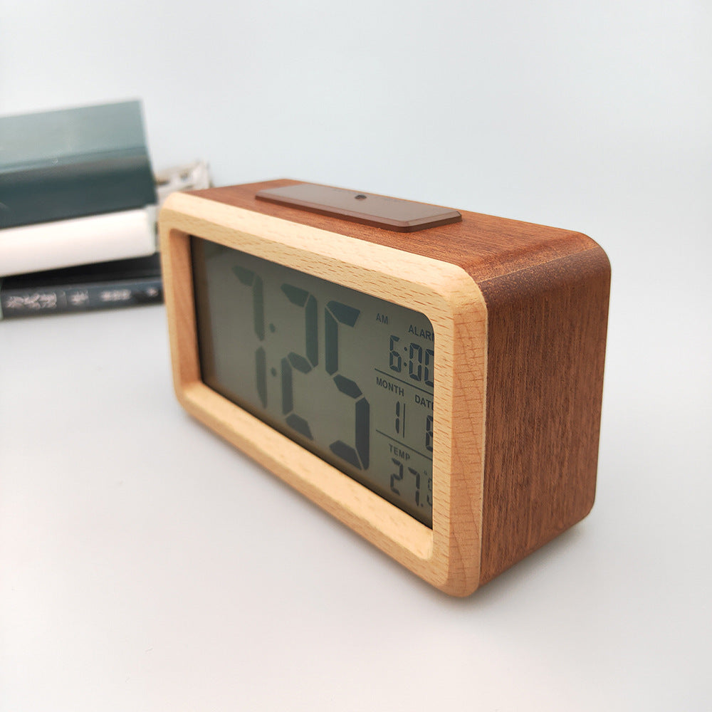 Wooden Large LED Digital Alarm Clock – Smart Sensor Night Light, Snooze, Date & Temperature Display, 12/24-Hour Switchable